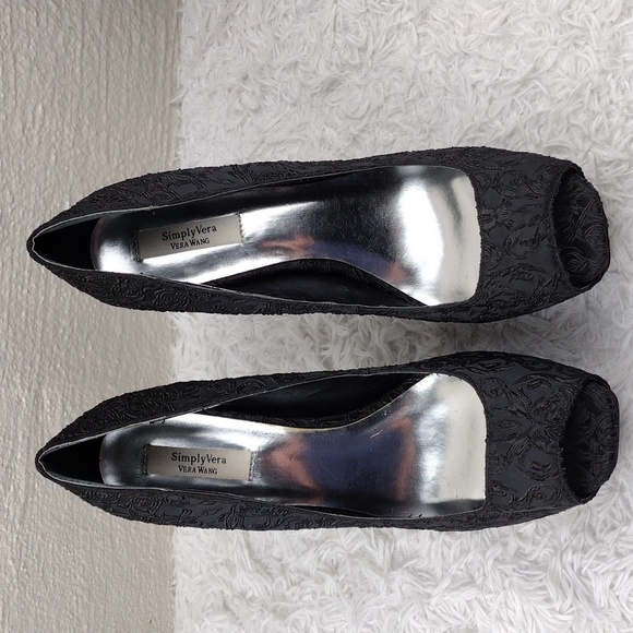 SimplyVera Vera Wang Black Fabric Square Peep Toe Slip-On Platform Stiletto Heel - Picture 2 of 16